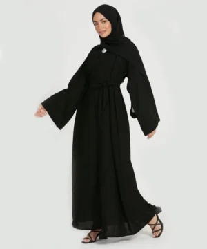 Linen Blend Open Abaya with Pockets - Black