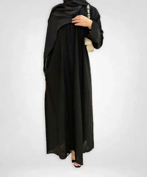 Closed Abaya with Pockets and Hijab - Black