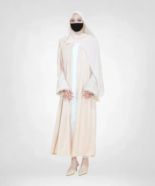 3-Piece Abaya Set with Embroidered Sleeves - Beige