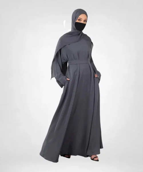 Casual Abaya with Pockets and Hijab - Grey