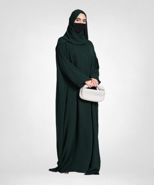 Front Zip Closed Abaya with Hijab - Forest Green
