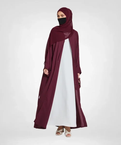 Linen Blend Burgundy Open Abaya with Pockets