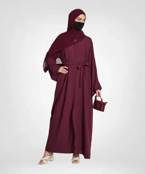 Linen Blend Burgundy Open Abaya with Pockets