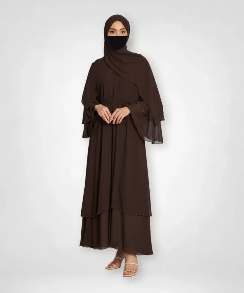 Navy & White Layered Open Abaya with Embellishment