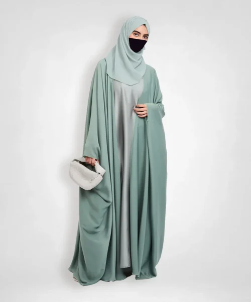 Premium Open Farasha Abaya with Piping Detail - Sage
