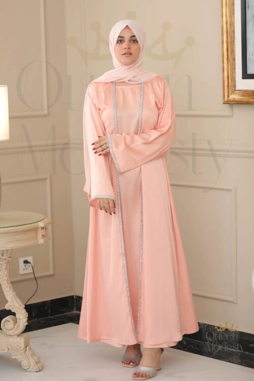 Peach Pink Embellished 3-Piece Open Abaya Set | Complete Coordinated Look