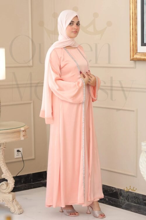 Peach Pink Embellished 3-Piece Open Abaya Set | Complete Coordinated Look