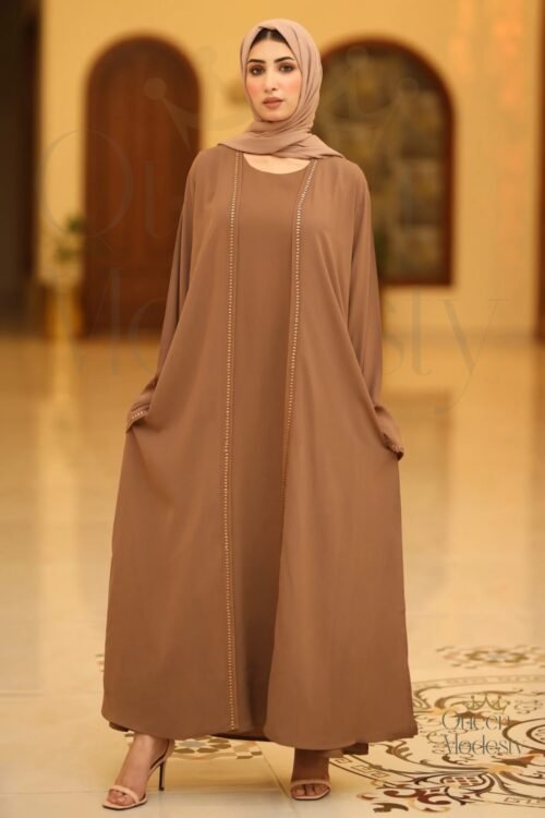 Light Brown Embellished Cotton Open Abaya with Rhinestone Details | A-Line Cut