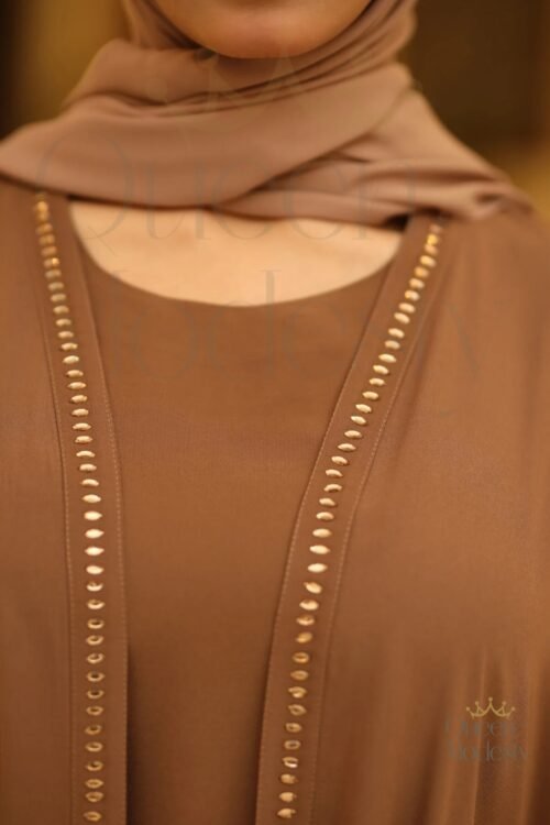 Light Brown Embellished Cotton Open Abaya with Rhinestone Details | A-Line Cut