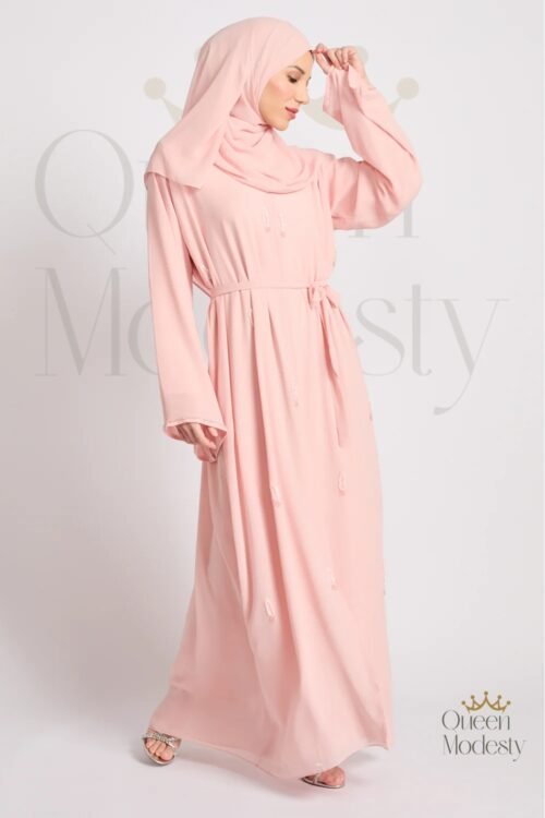 Premium Jewel Motif Embellished Chiffon Open Abaya in Rosewater | Hand-Stitched Details