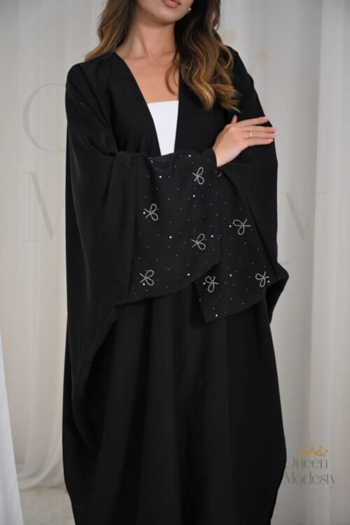 Bow Embellished Open Abaya with Handworked Beading | Includes Matching Hijab