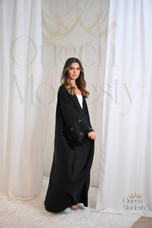 Bow Embellished Open Abaya with Handworked Beading | Includes Matching Hijab