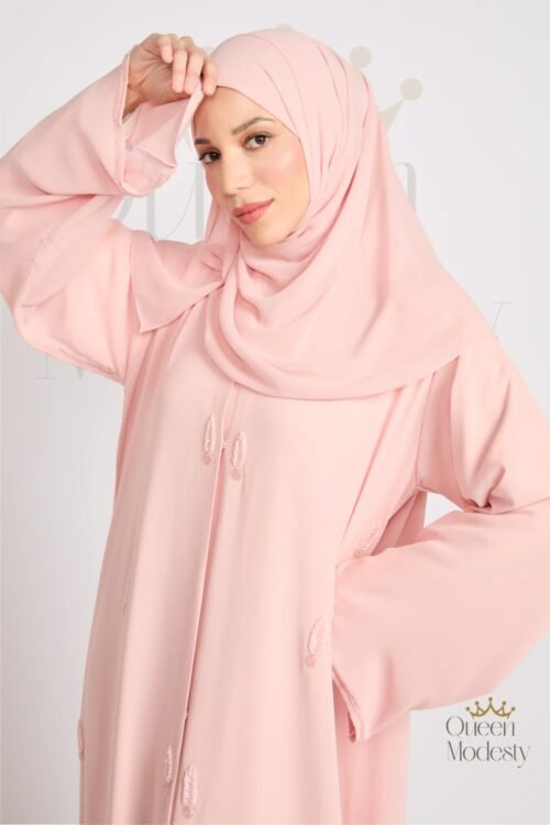 Premium Jewel Motif Embellished Chiffon Open Abaya in Rosewater | Hand-Stitched Details