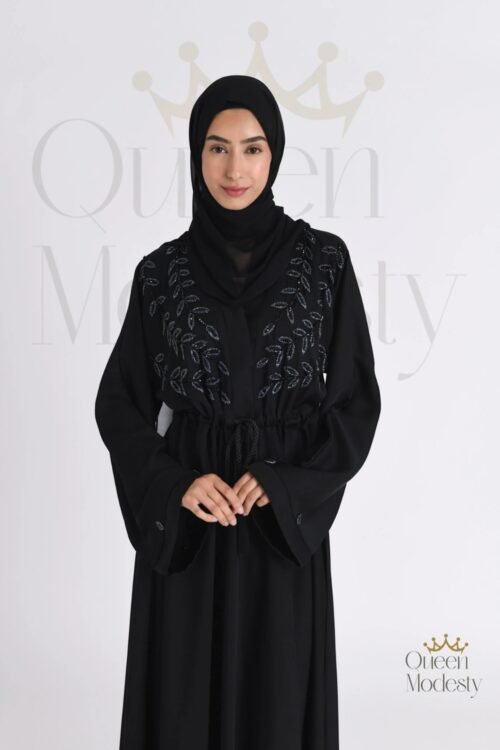 Black Embellished Umbrella Cut Closed Abaya Premium | Hand-Stitched Crystals