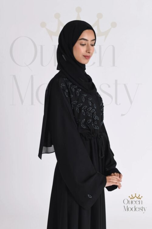 Black Embellished Umbrella Cut Closed Abaya Premium | Hand-Stitched Crystals