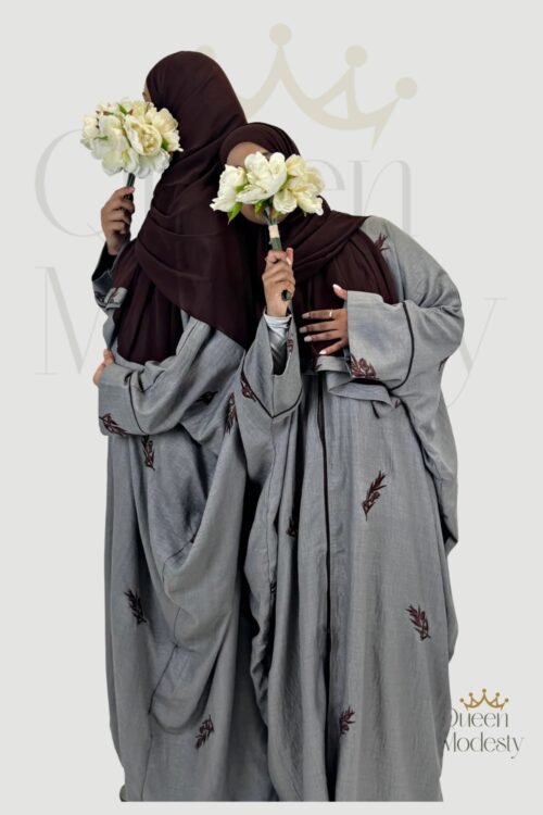 Grey Embroidered Open Butterfly Abaya with Dark Brown Floral Detail | Pop Button Style