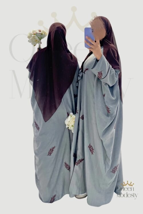 Grey Embroidered Open Butterfly Abaya with Dark Brown Floral Detail | Pop Button Style