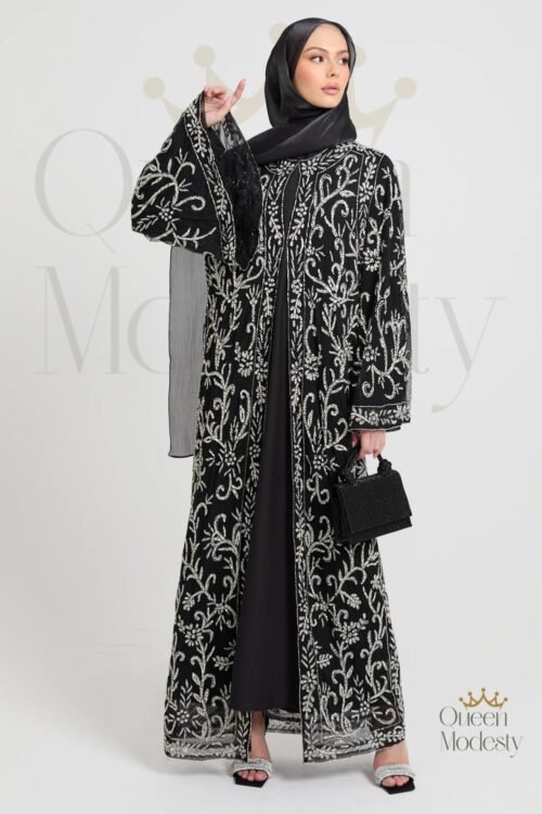 Luxury Silver Starlit Bloom Embellished Open Abaya | Hand-Stitched Celestial Design