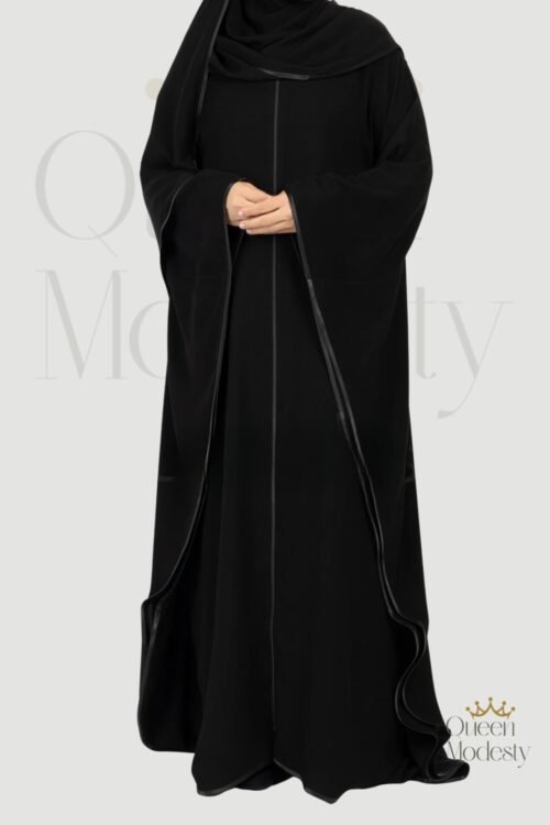 Satin Trimmed Butterfly Abaya with Full-Length Zipper | Elegant Ripple Design