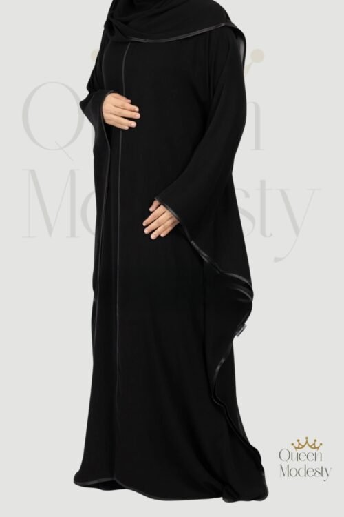 Satin Trimmed Butterfly Abaya with Full-Length Zipper | Elegant Ripple Design