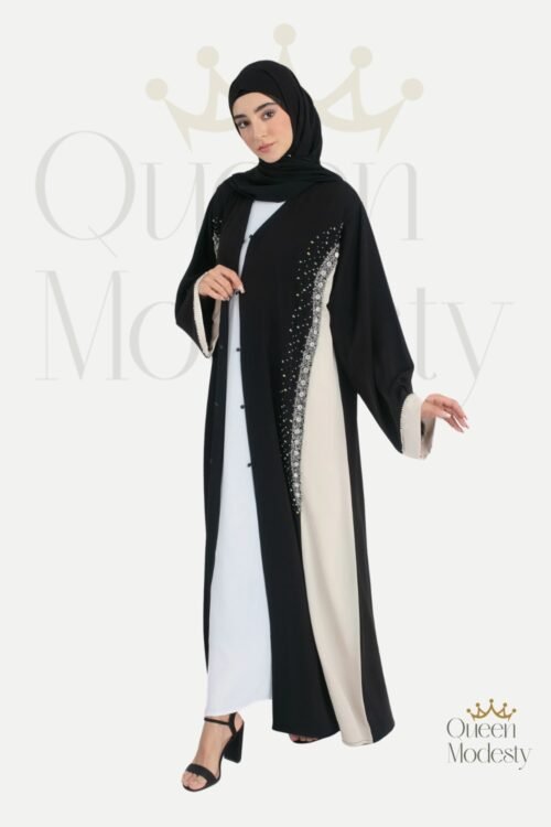 Luxury Emirati Two-Toned Embellished Open Abaya | Hand-Stitched Crystals & Snap Buttons