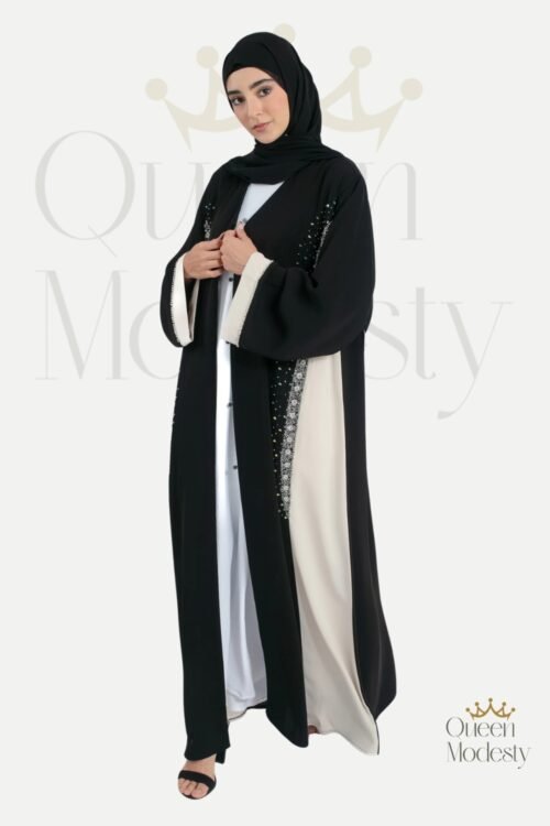 Luxury Emirati Two-Toned Embellished Open Abaya | Hand-Stitched Crystals & Snap Buttons