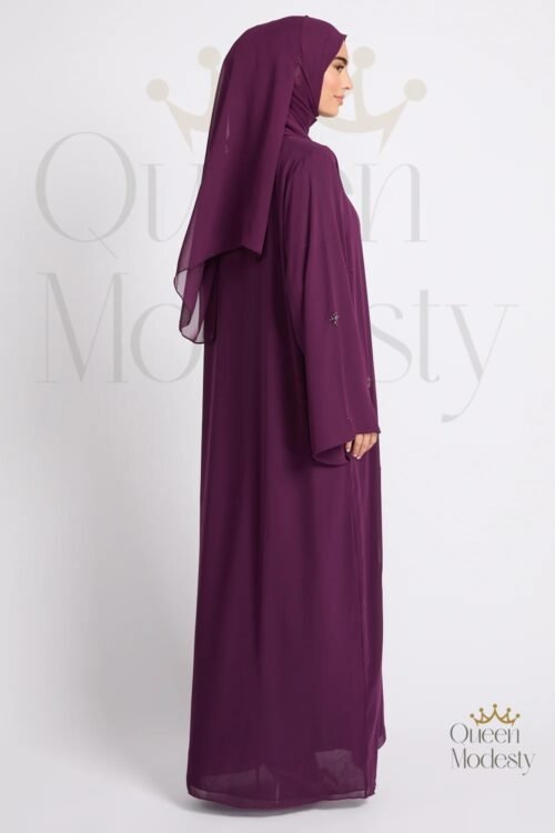 Premium Chiffon Embellished Open Abaya in Royal Mulberry | Hand-Stitched Details