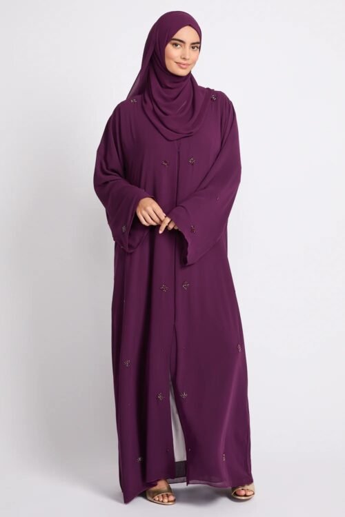 Premium Chiffon Embellished Open Abaya in Royal Mulberry | Hand-Stitched Details