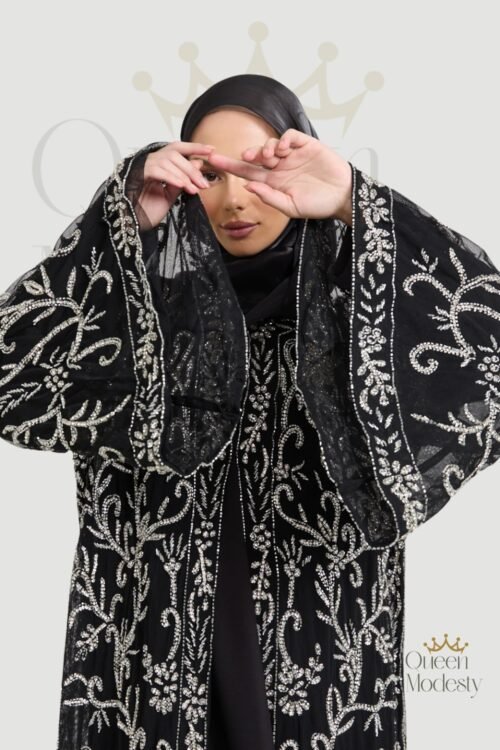 Luxury Silver Starlit Bloom Embellished Open Abaya | Hand-Stitched Celestial Design