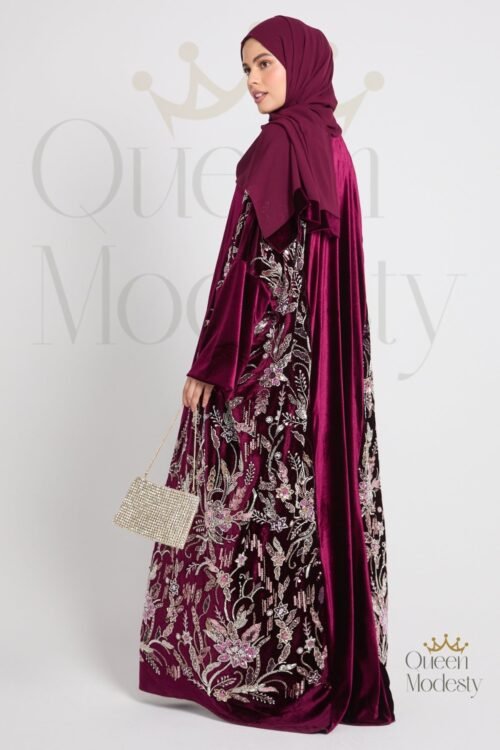 Luxury Deep Burgundy Velvet Embellished Open Abaya | Rose-Gold Floral Details