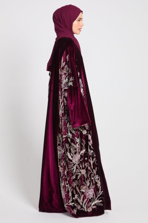 Luxury Deep Burgundy Velvet Embellished Open Abaya | Rose-Gold Floral Details