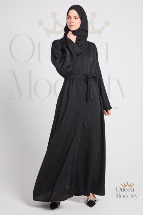 Black Botanique Embellished Open Abaya | Hand-Stitched Botanical Details