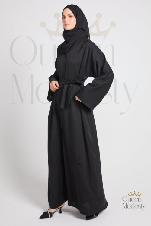 Black Botanique Embellished Open Abaya | Hand-Stitched Botanical Details