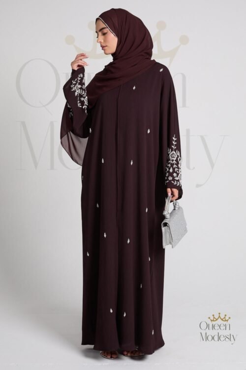 Premium Textured Petal Blossom Embellished Open Abaya in Rich Auburn | Hand-Stitched Floral