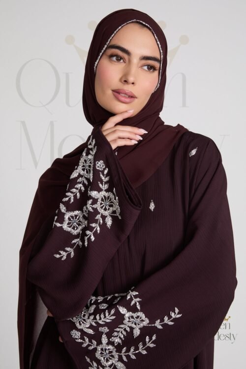 Premium Textured Petal Blossom Embellished Open Abaya in Rich Auburn | Hand-Stitched Floral