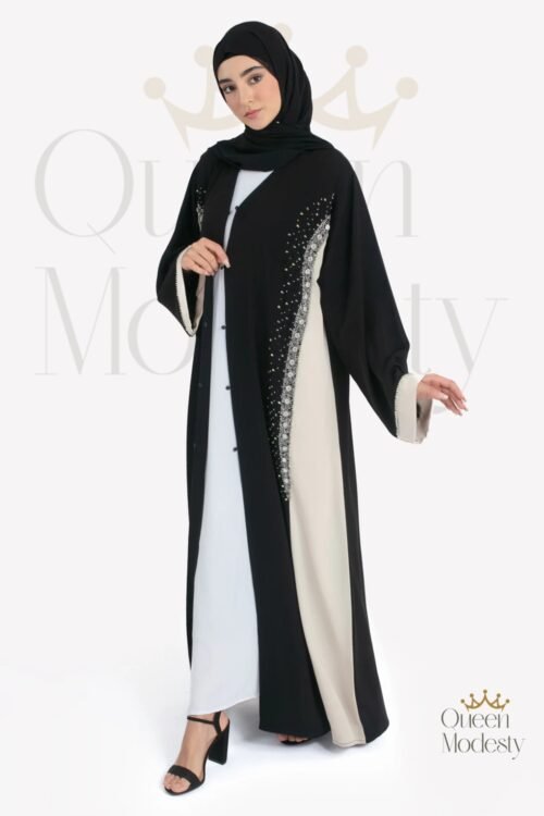 Luxury Emirati Two-Toned Embellished Open Abaya | Hand-Stitched Crystals & Snap Buttons