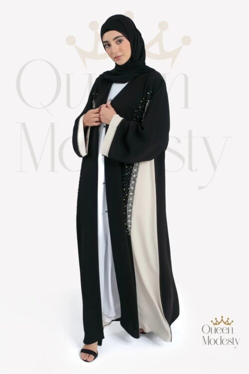 Luxury Emirati Two-Toned Embellished Open Abaya | Hand-Stitched Crystals & Snap Buttons