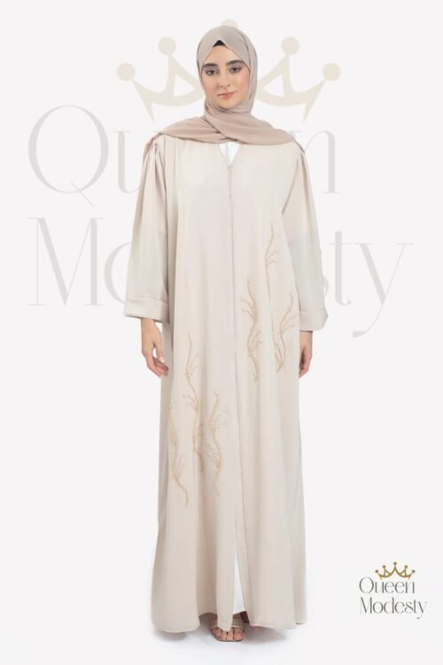 Luxury Beige Emirati Open Abaya with Hand-Placed Pearl & Bead Embellishments