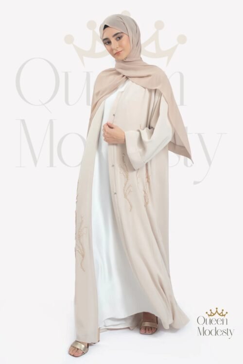 Luxury Beige Emirati Open Abaya with Hand-Placed Pearl & Bead Embellishments