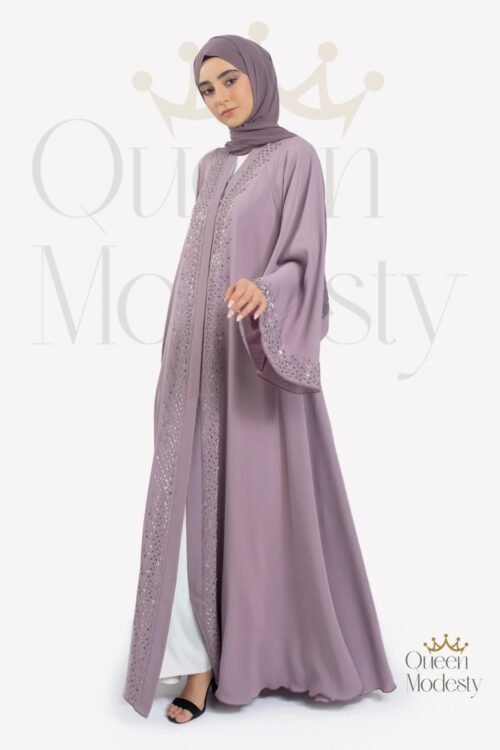 Premium Wisteria Mist Umbrella Cut Open Abaya with Swarovski Bell Sleeves