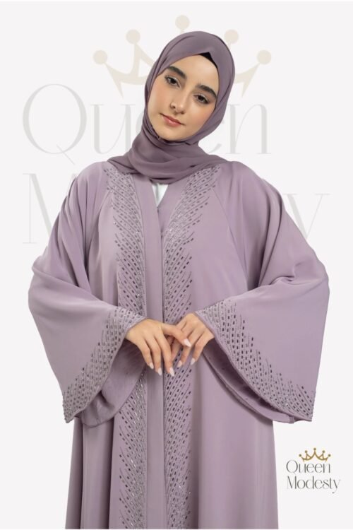 Premium Wisteria Mist Umbrella Cut Open Abaya with Swarovski Bell Sleeves